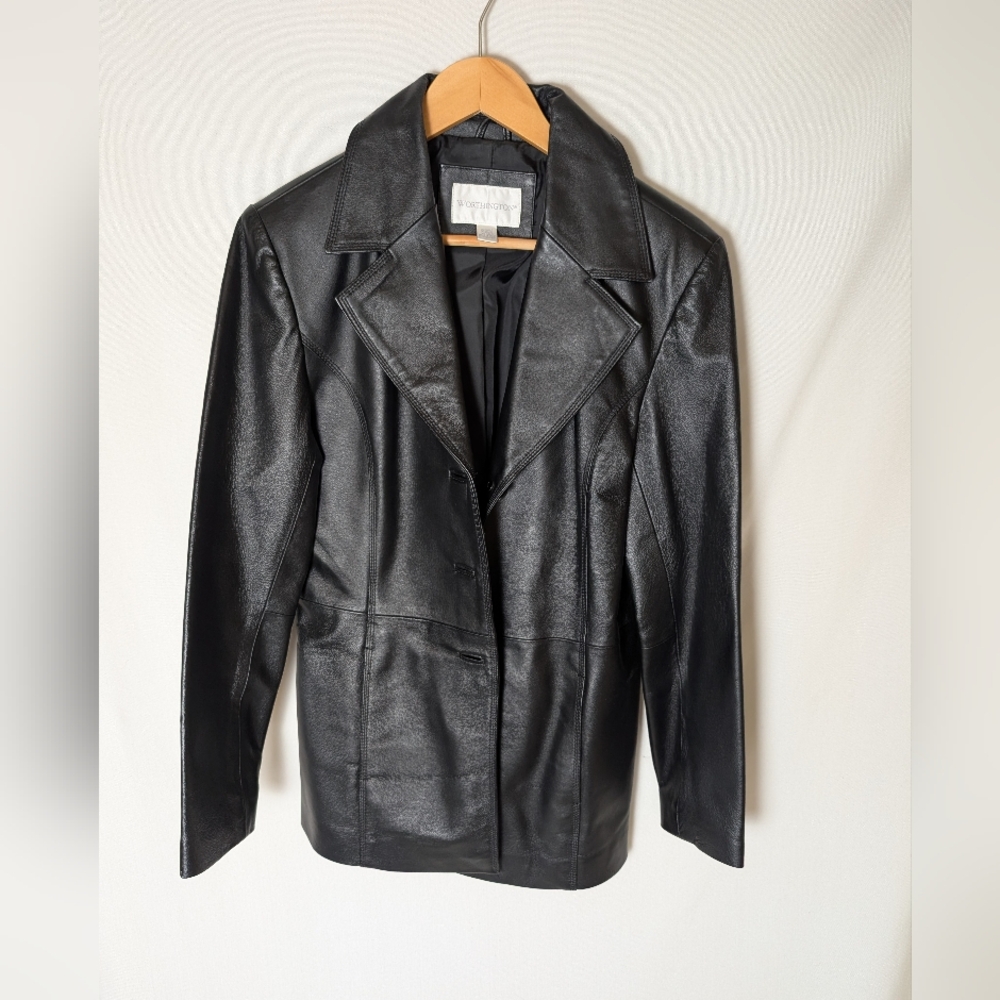 Worthington Women's Black Leather Jacket Size Medium 3 Button Collared